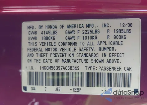 2007 Honda Accord 2.4 Se from USA, damaged, VIN 1HGCM56397A068349